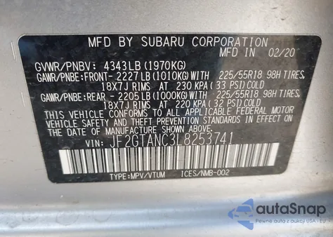 2020 Subaru Crosstrek Limited из США, поврежденный, VIN JF2GTANC3L8253741